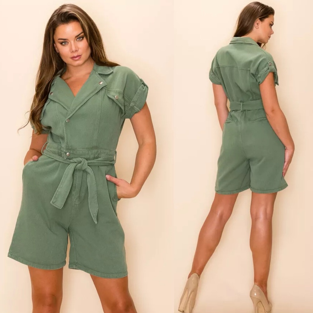 Ma Cherie Short Sleeve Belted Romper in Green Small